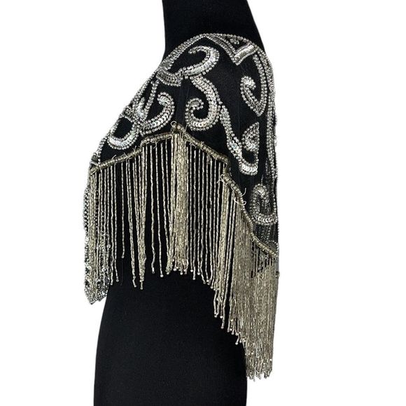Vintage Silver Beaded Sequin Caplet Shawl Made in India Sparkle Evening … - Picture 4 of 10